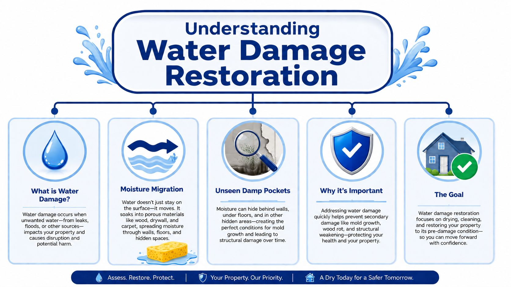 An infographic titled Understanding Water Damage Restoration explaining moisture movement, hidden dampness, and the restoration process.
