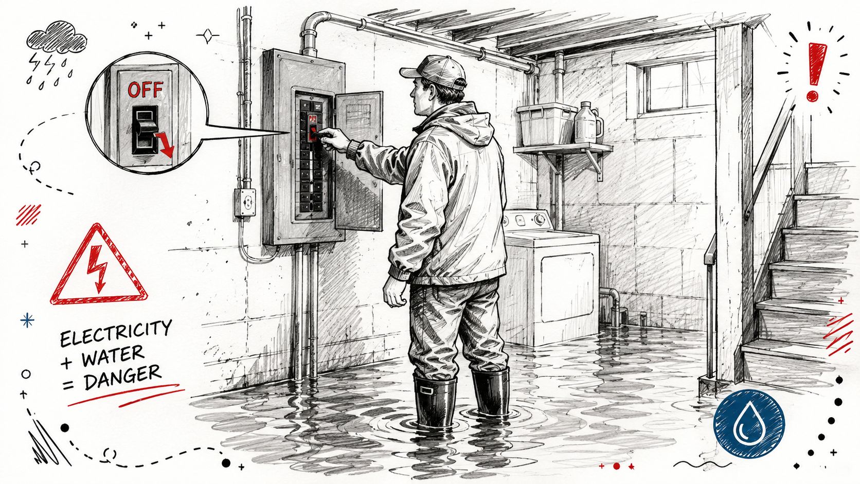 A person in waterproof boots stands in a flooded basement, turning off the main electrical breaker panel.