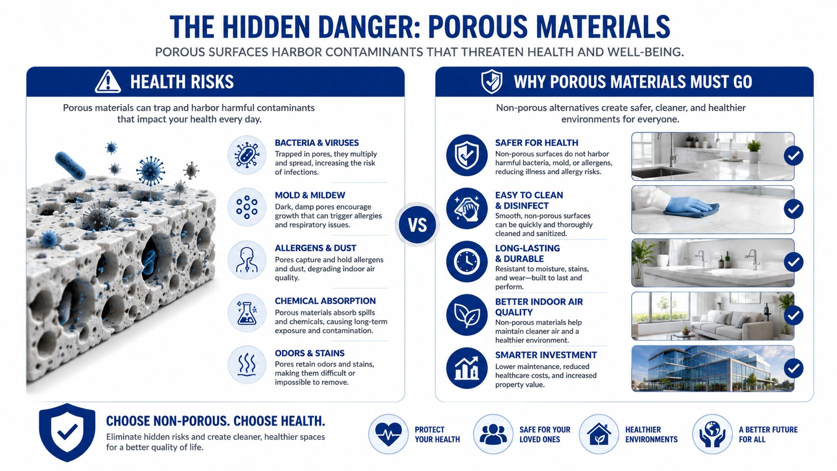 A comparative infographic highlighting the health risks of porous surfaces versus the benefits of non-porous alternatives.
