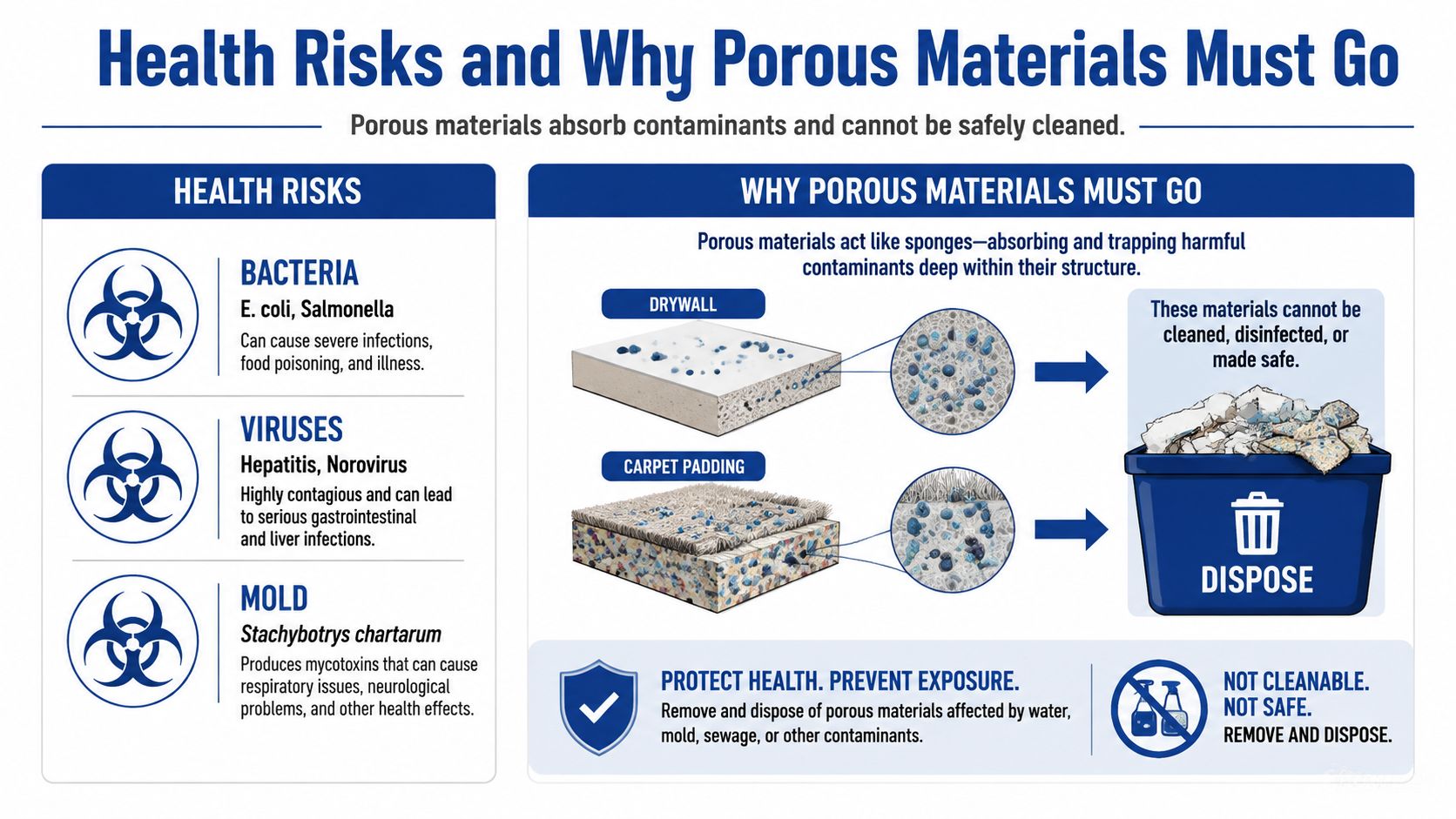 An infographic detailing why porous materials contaminated by water or sewage must be removed and disposed of.