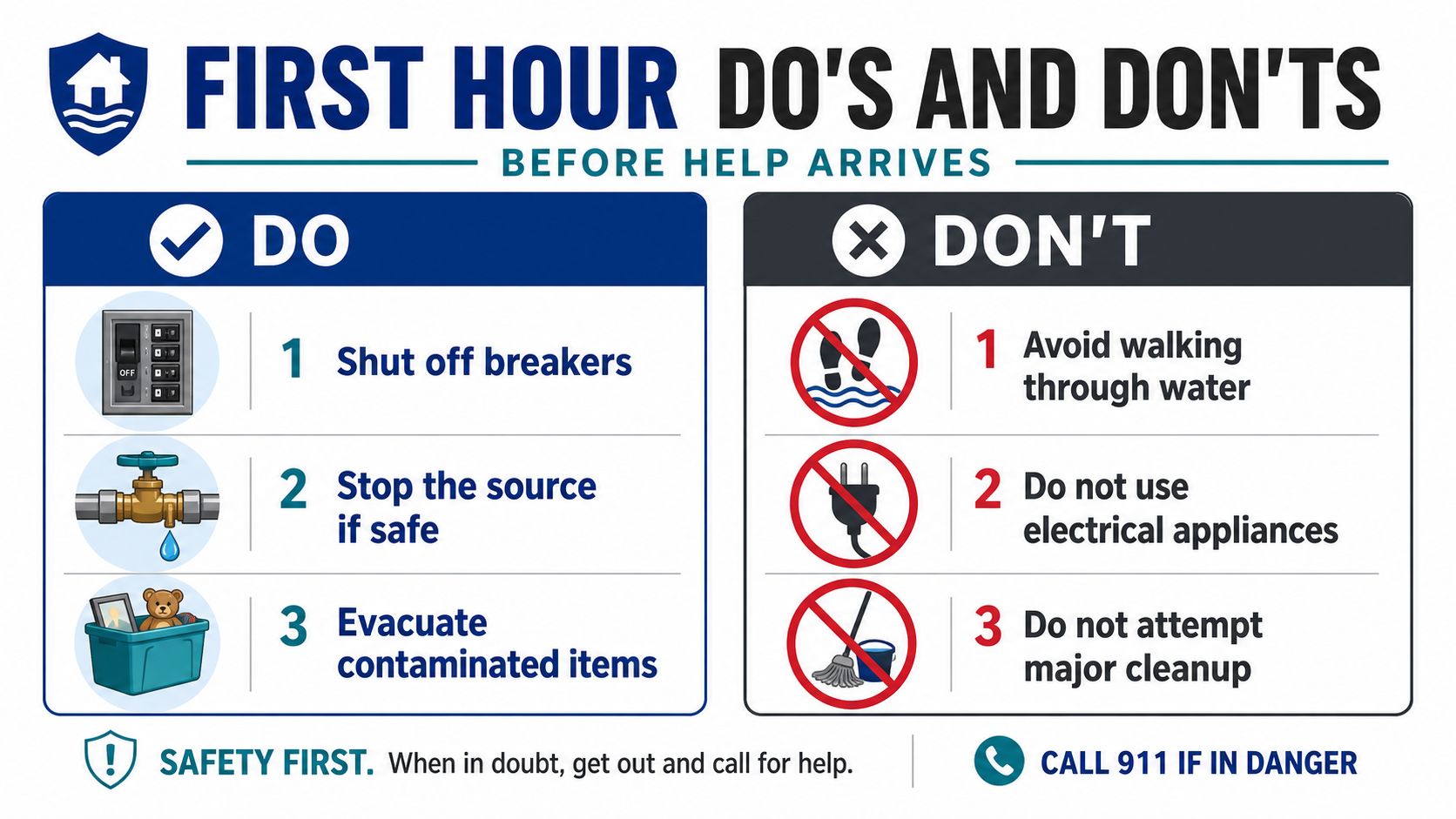 An infographic showing safety do's and don'ts during the first hour of water damage emergencies.