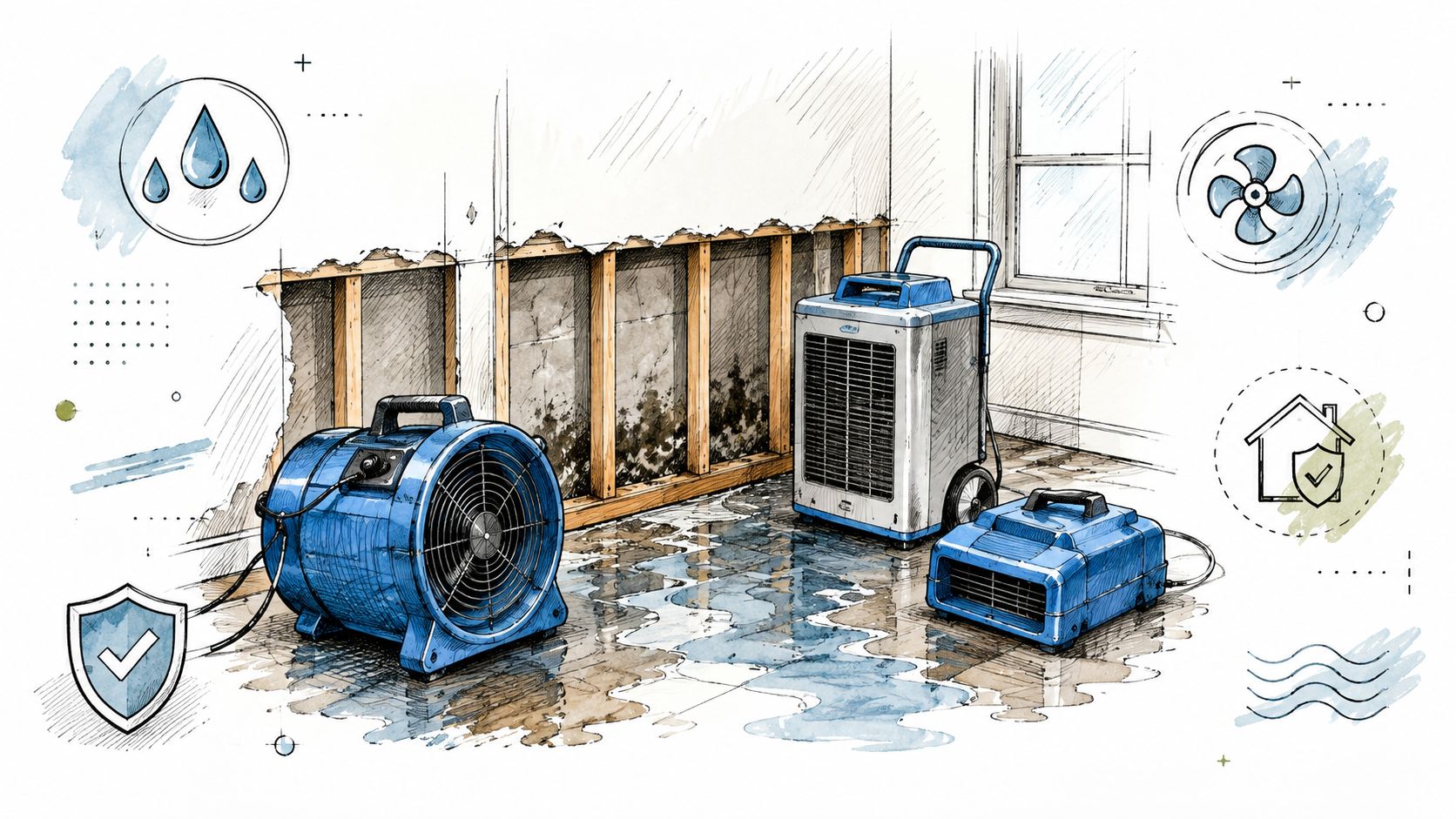 Professional water damage restoration equipment including air movers and dehumidifiers drying a flooded room with exposed studs.
