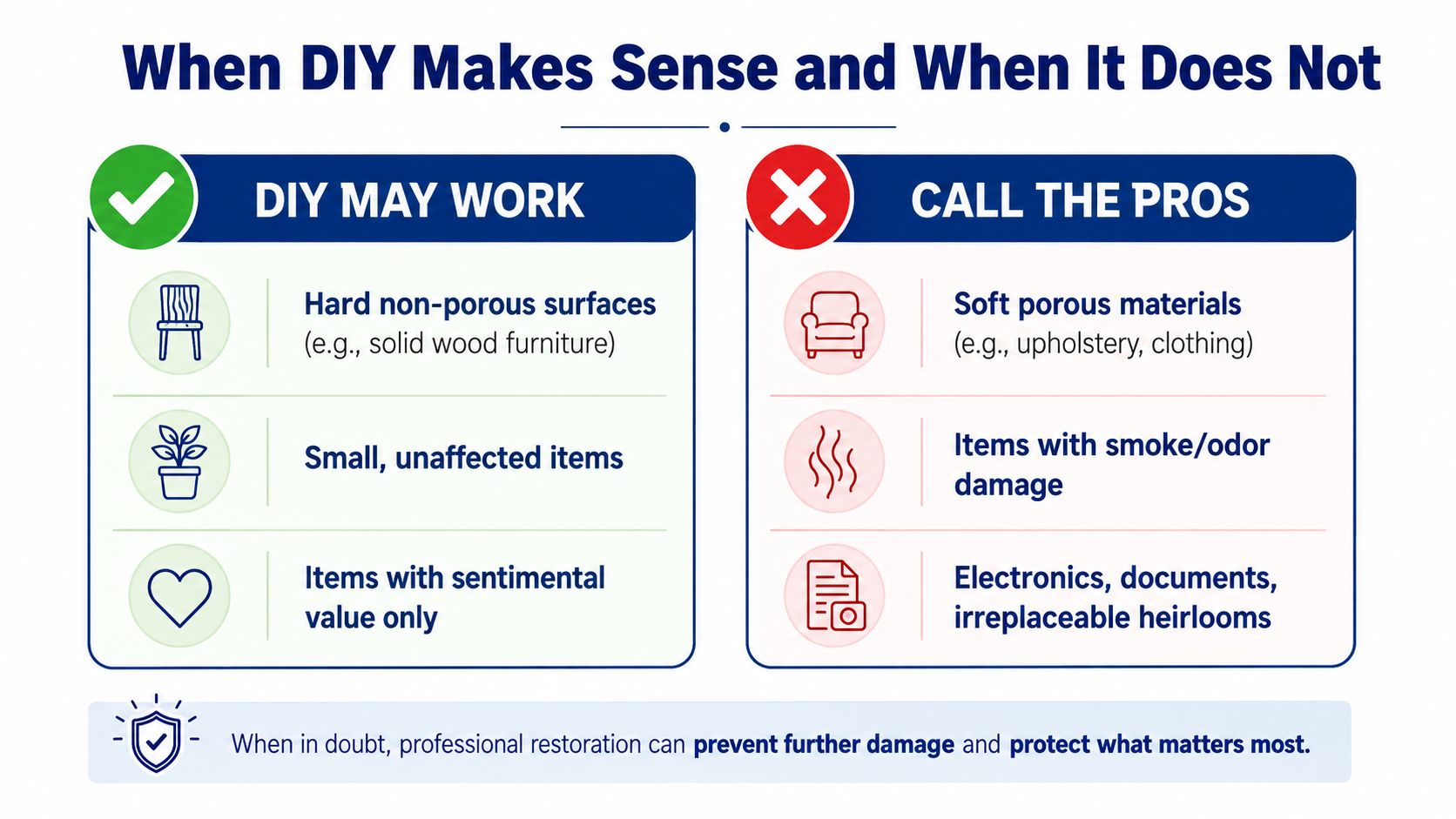 A comparison chart showing which household items can be cleaned via DIY and which require professional restoration services.