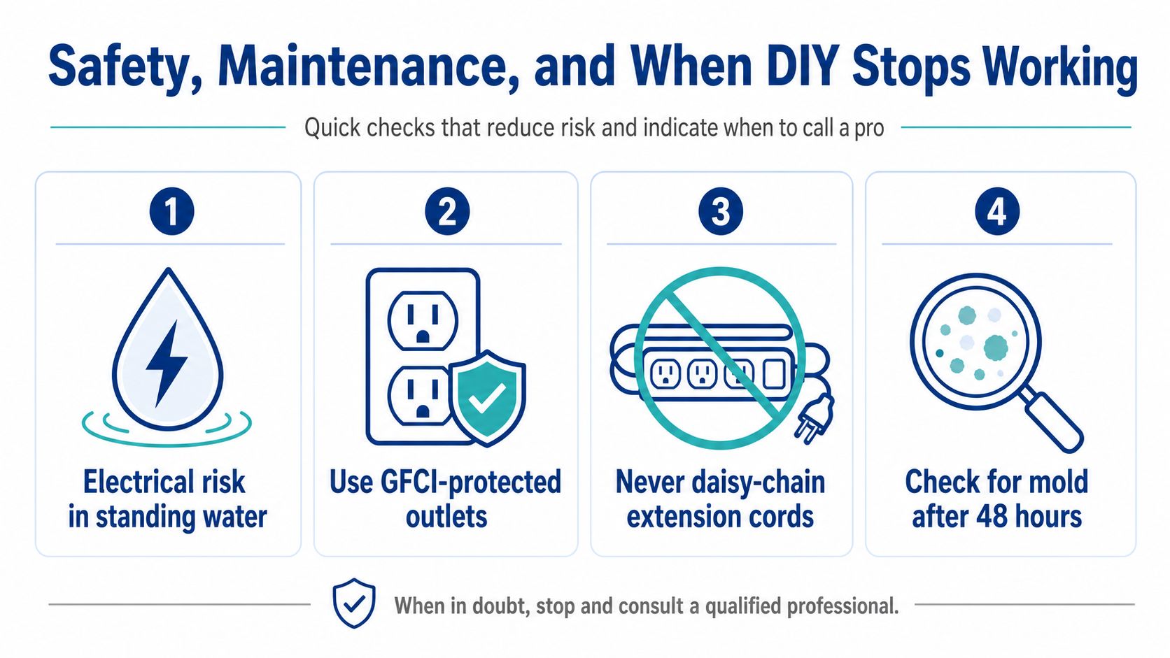 An infographic titled Safety, Maintenance, and When DIY Stops Working with four icons regarding electrical and mold hazards.