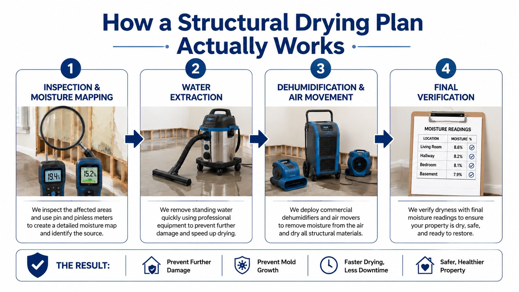 A four-step infographic illustrating the professional structural drying process for flood-damaged homes and properties.