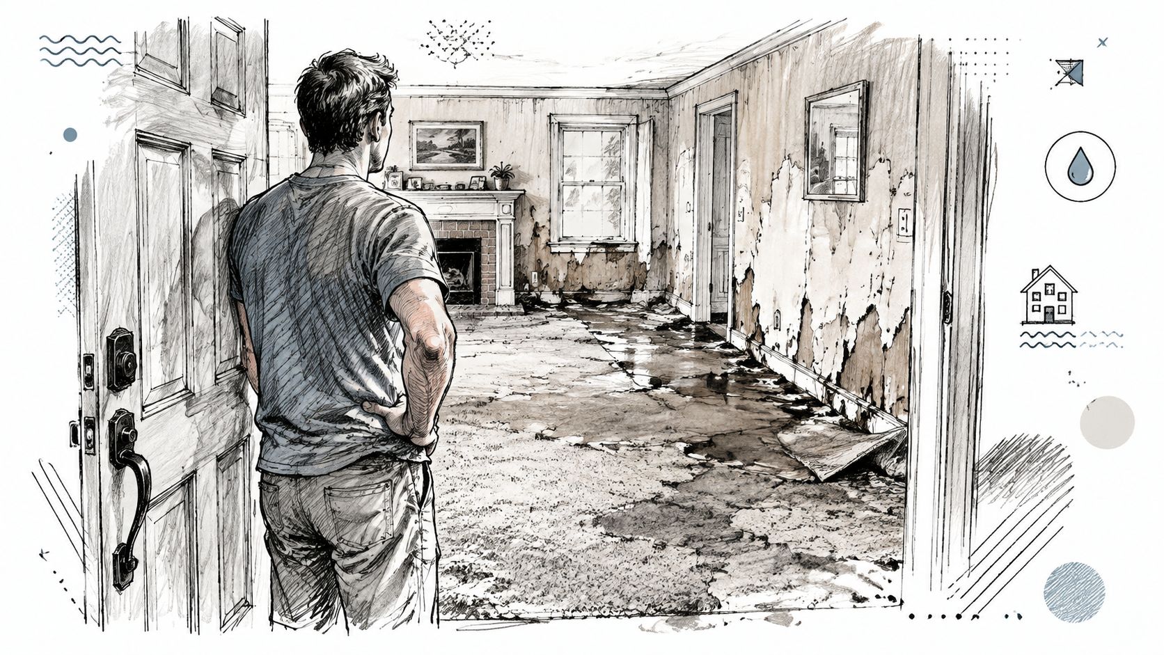 A man standing in a doorway looking at a room with severe flood damage and water destruction.