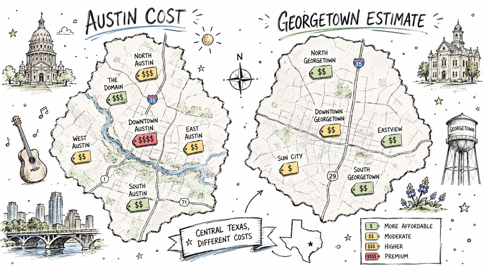 A hand-drawn map comparing real estate cost levels between various neighborhoods in Austin and Georgetown, Texas.