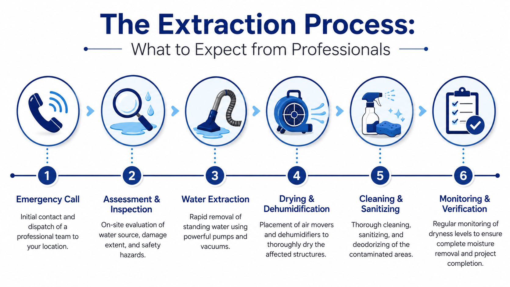 A step-by-step infographic illustrating the professional water extraction process from emergency call to final verification.
