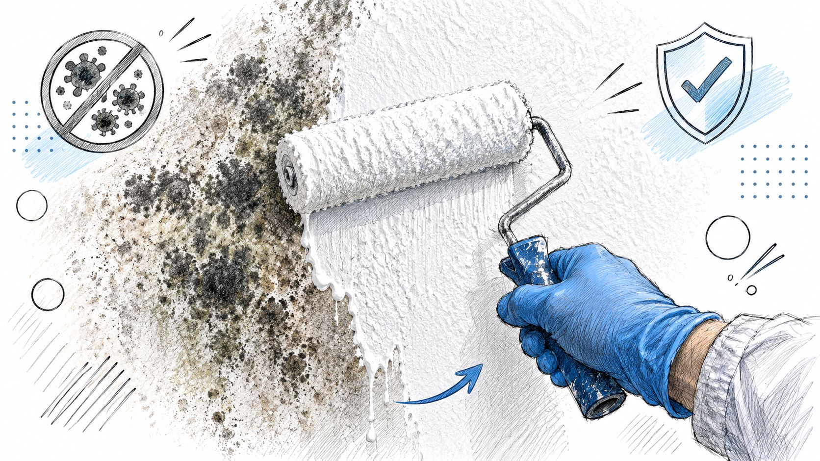A hand wearing a blue glove uses a paint roller to apply white encapsulant onto moldy wall.
