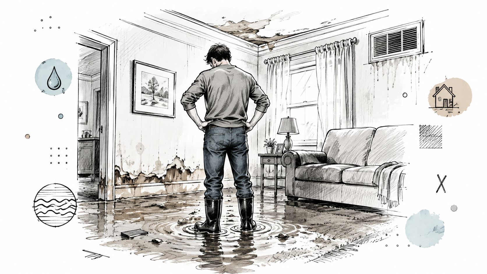 A man in rubber boots standing in a flooded living room with water damage on the walls.