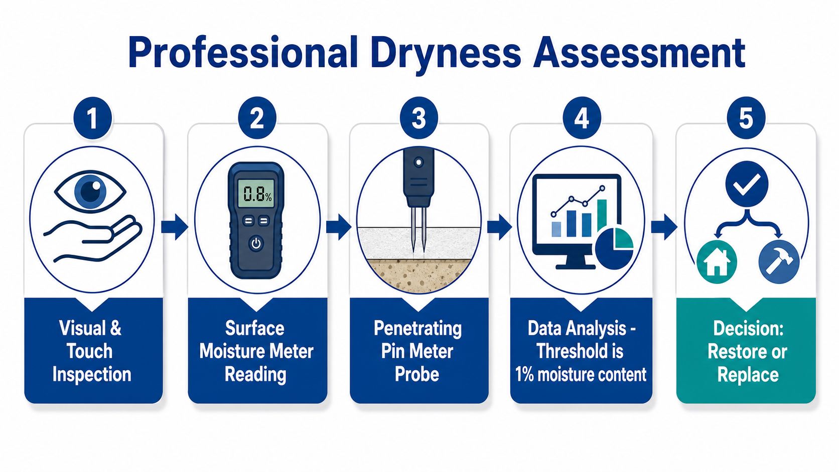 A five-step professional dryness assessment flowchart using inspection tools to measure moisture content in building materials.