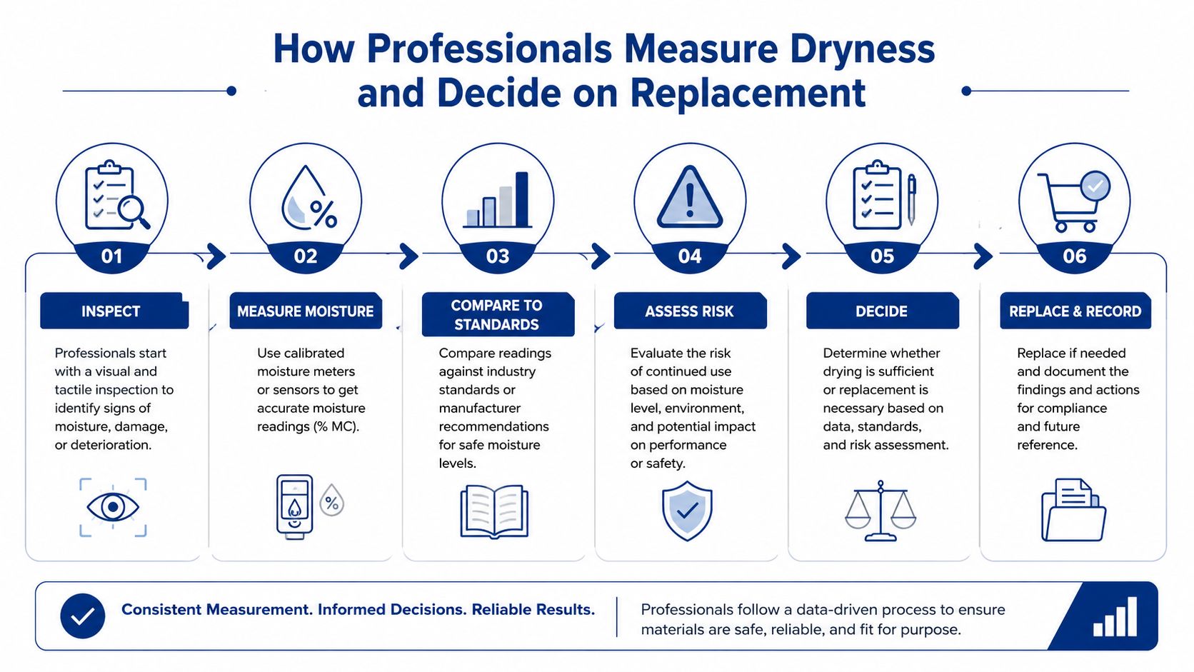 A professional flow chart illustrating the six-step process for measuring dryness and determining if material replacement is necessary.