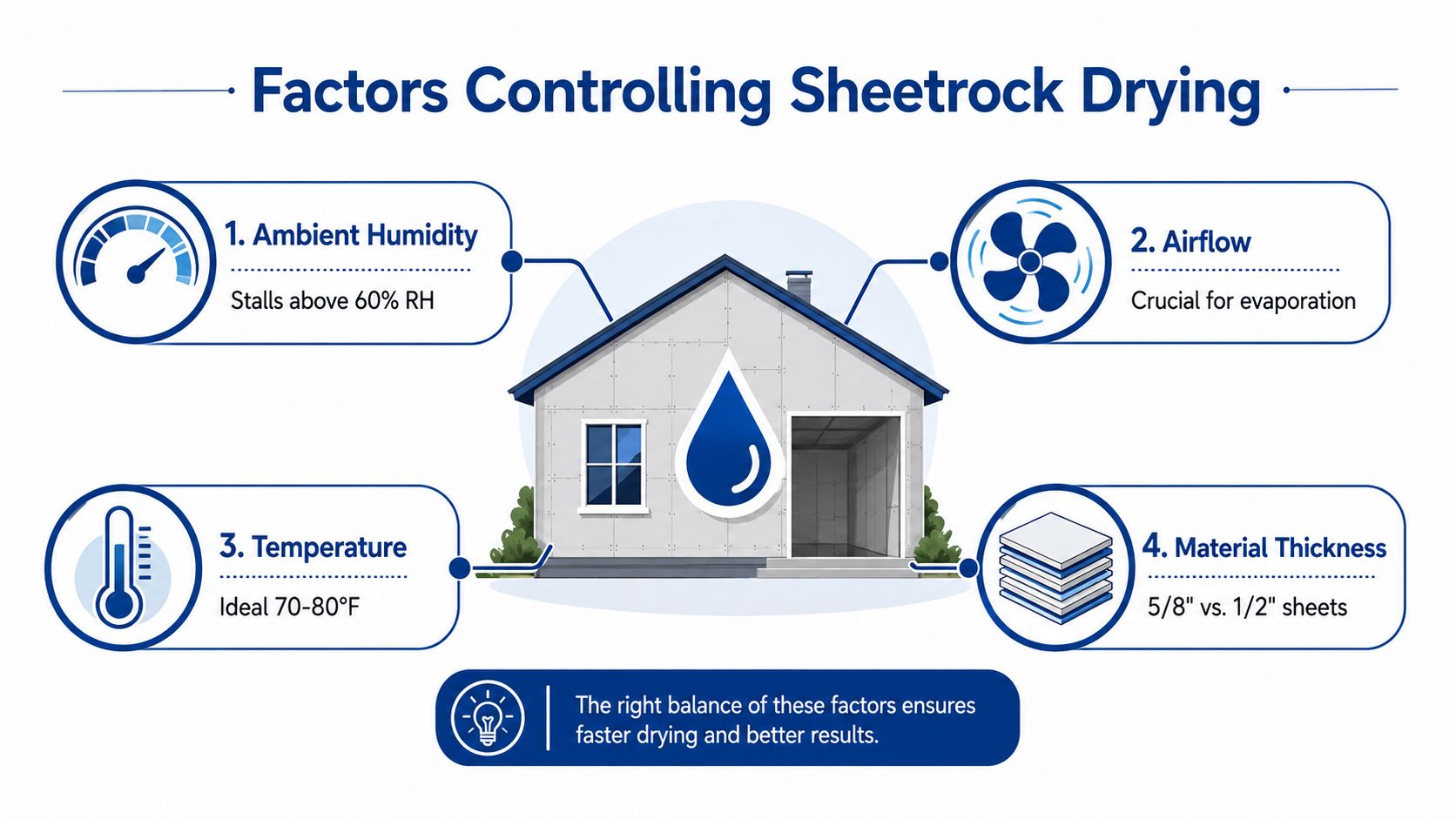 An infographic illustrating the four key environmental factors that influence the drying process of installed sheetrock.
