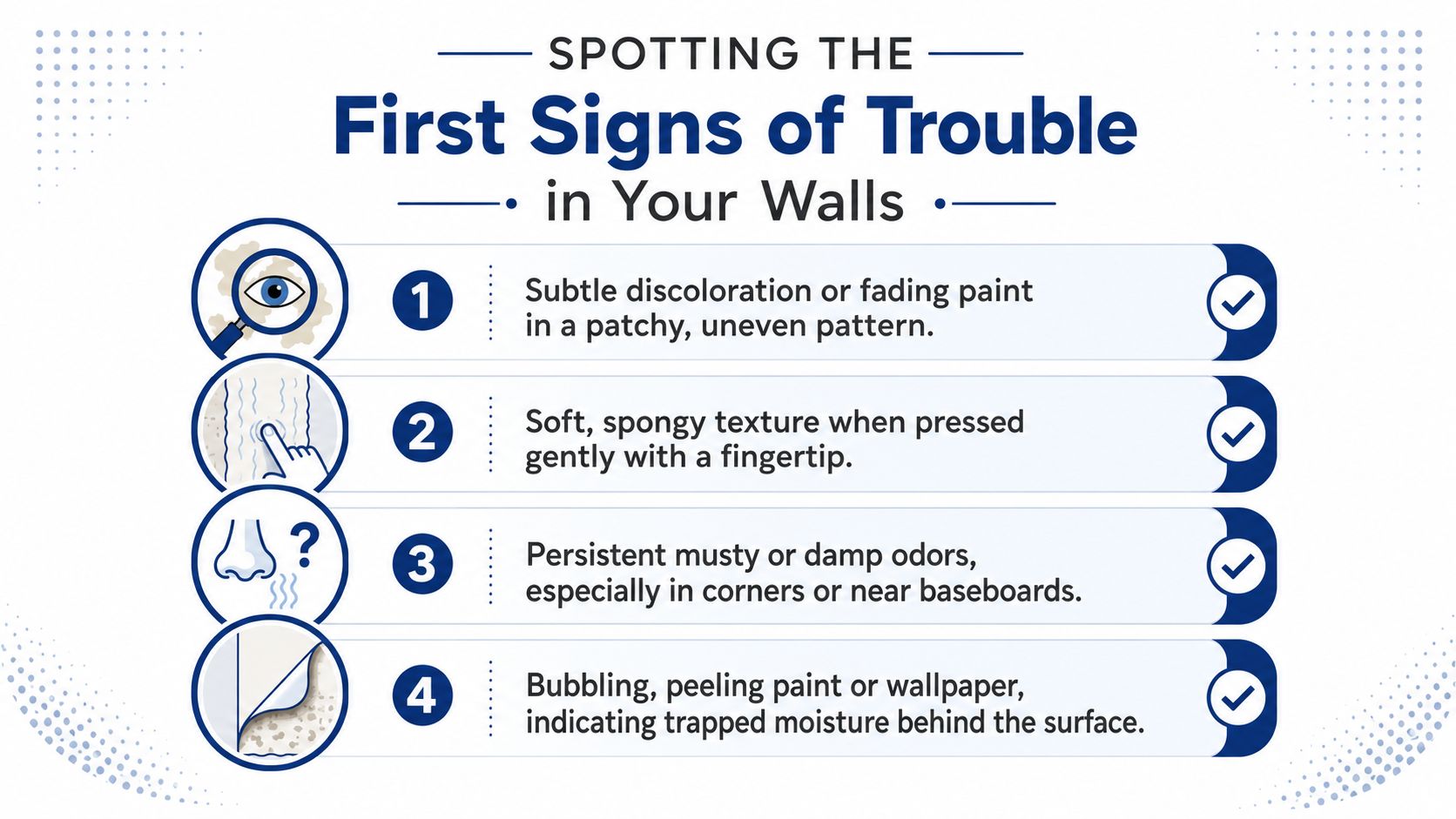 An infographic showing four common warning signs of moisture damage found on interior home walls.