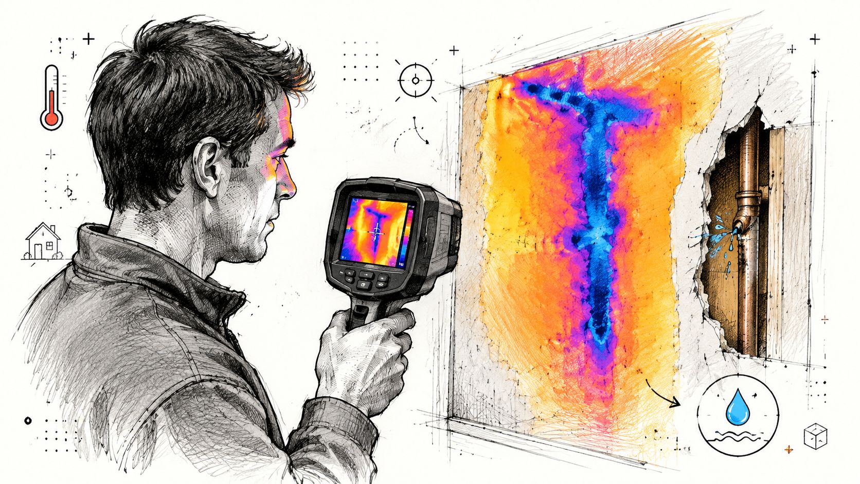 A technician using a thermal imaging camera to detect water leaks and moisture behind a residential wall.
