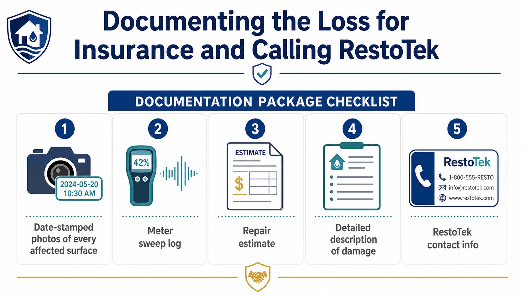 A five-step infographic guide detailing the documentation required for reporting water damage to insurance companies.