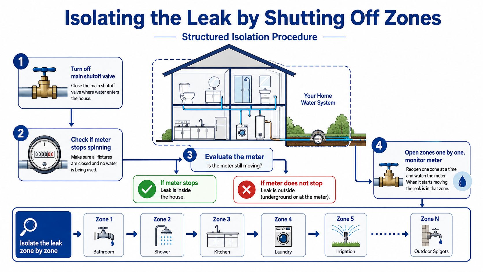 A structured flowchart illustrating the step-by-step procedure for isolating water leaks in residential plumbing systems.