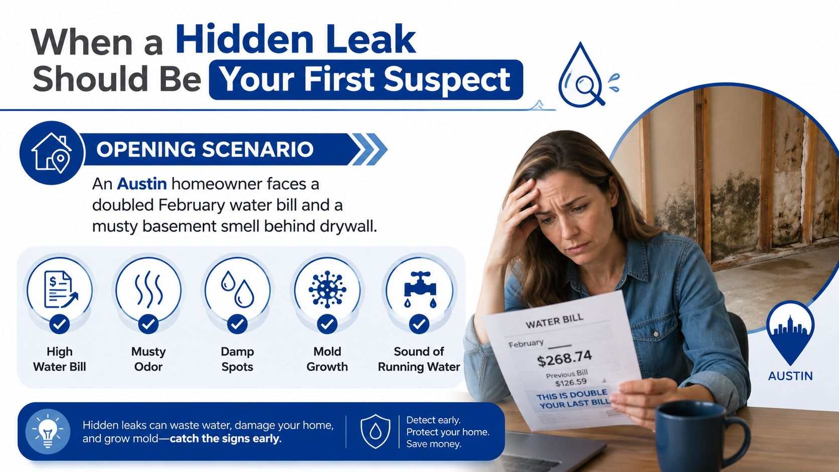 A concerned homeowner reviewing a high water bill while standing in front of moldy home walls.