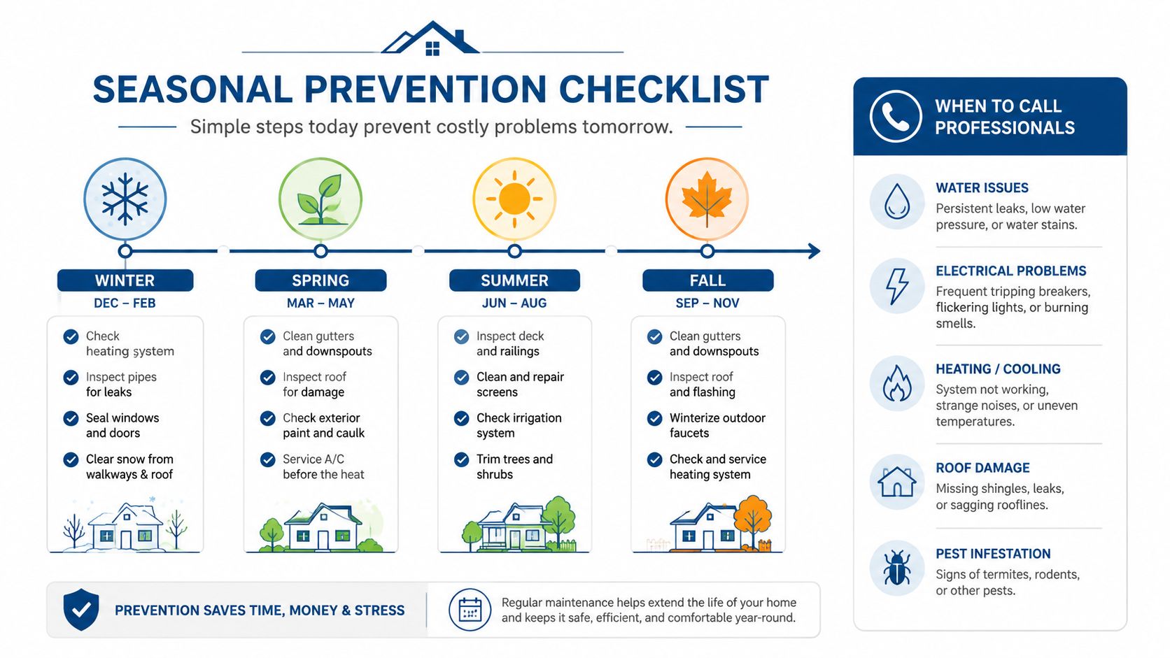 A seasonal home maintenance checklist infographic illustrating tasks to perform for winter, spring, summer, and fall.