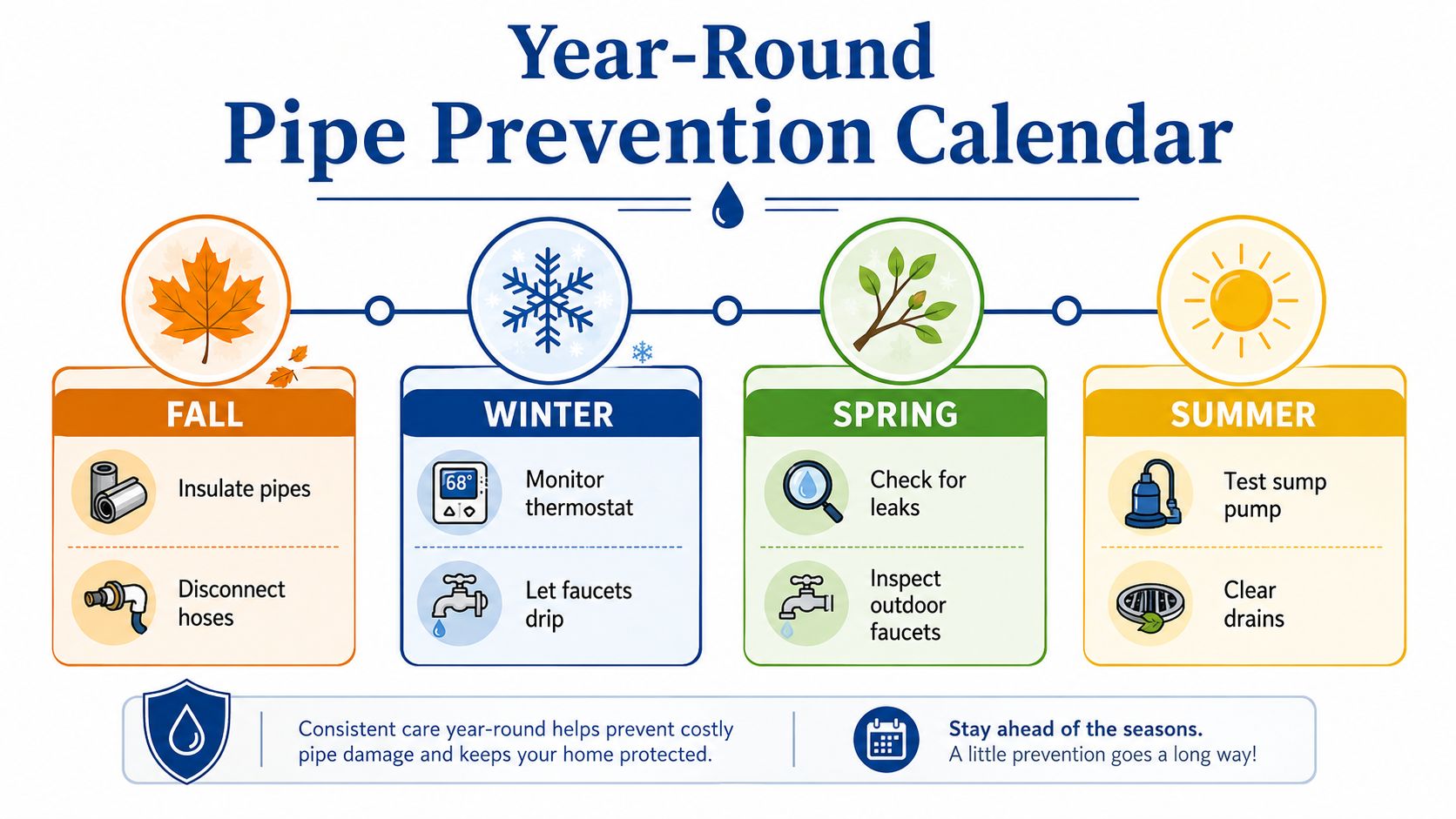 A year-round pipe prevention calendar infographic showing tips for maintaining home plumbing during fall, winter, spring, and summer.