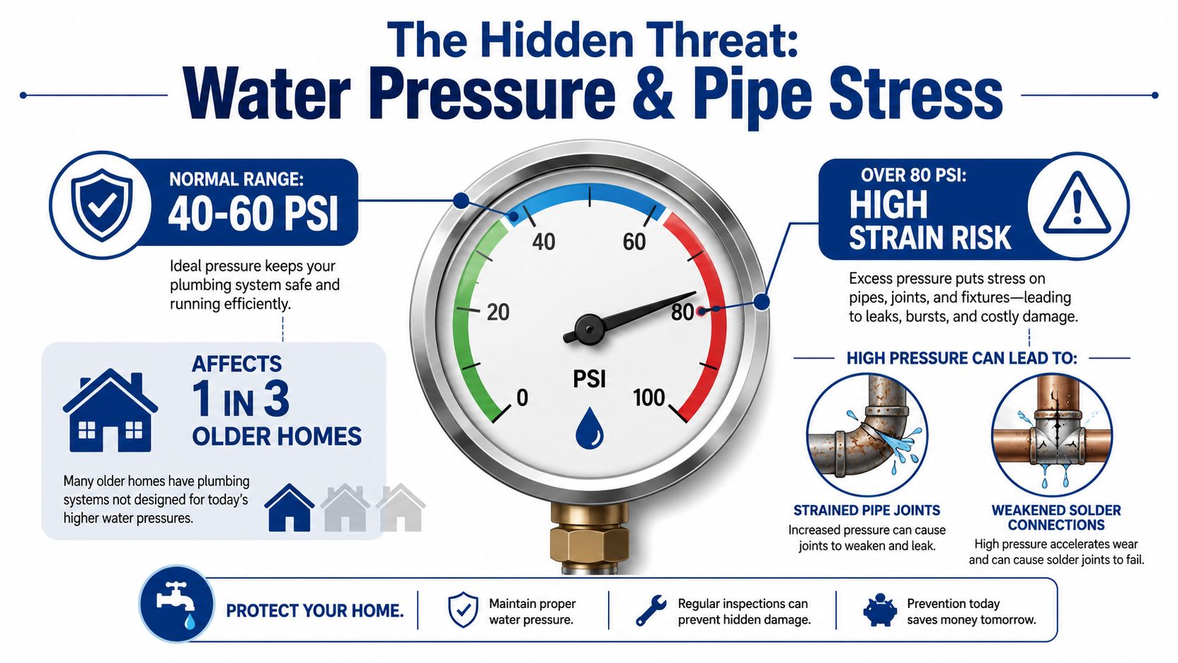 An infographic showing the risks of high water pressure in plumbing systems and how to prevent damage.