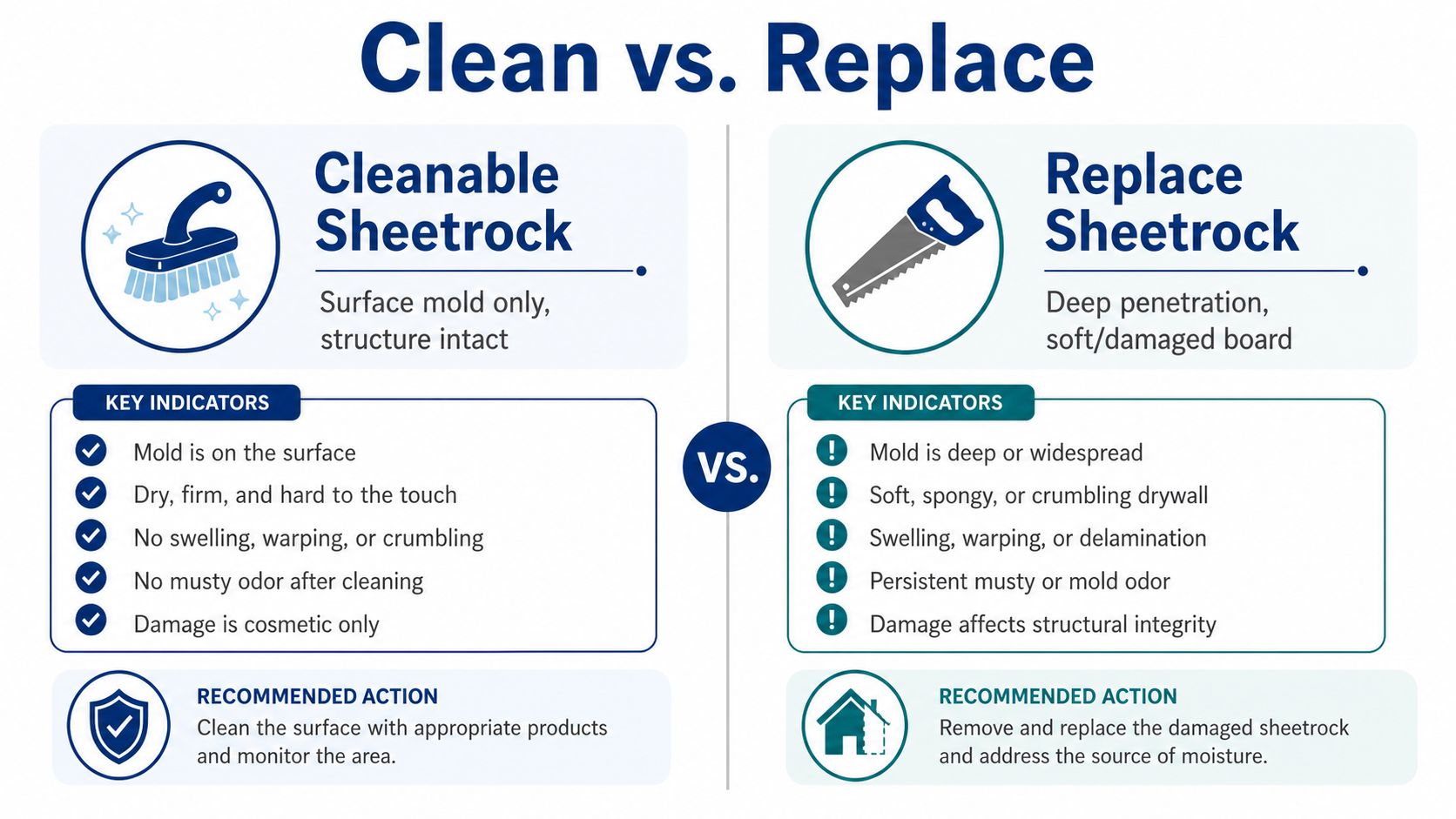 A comparison chart showing when to clean versus replace sheetrock based on mold damage and structural integrity.