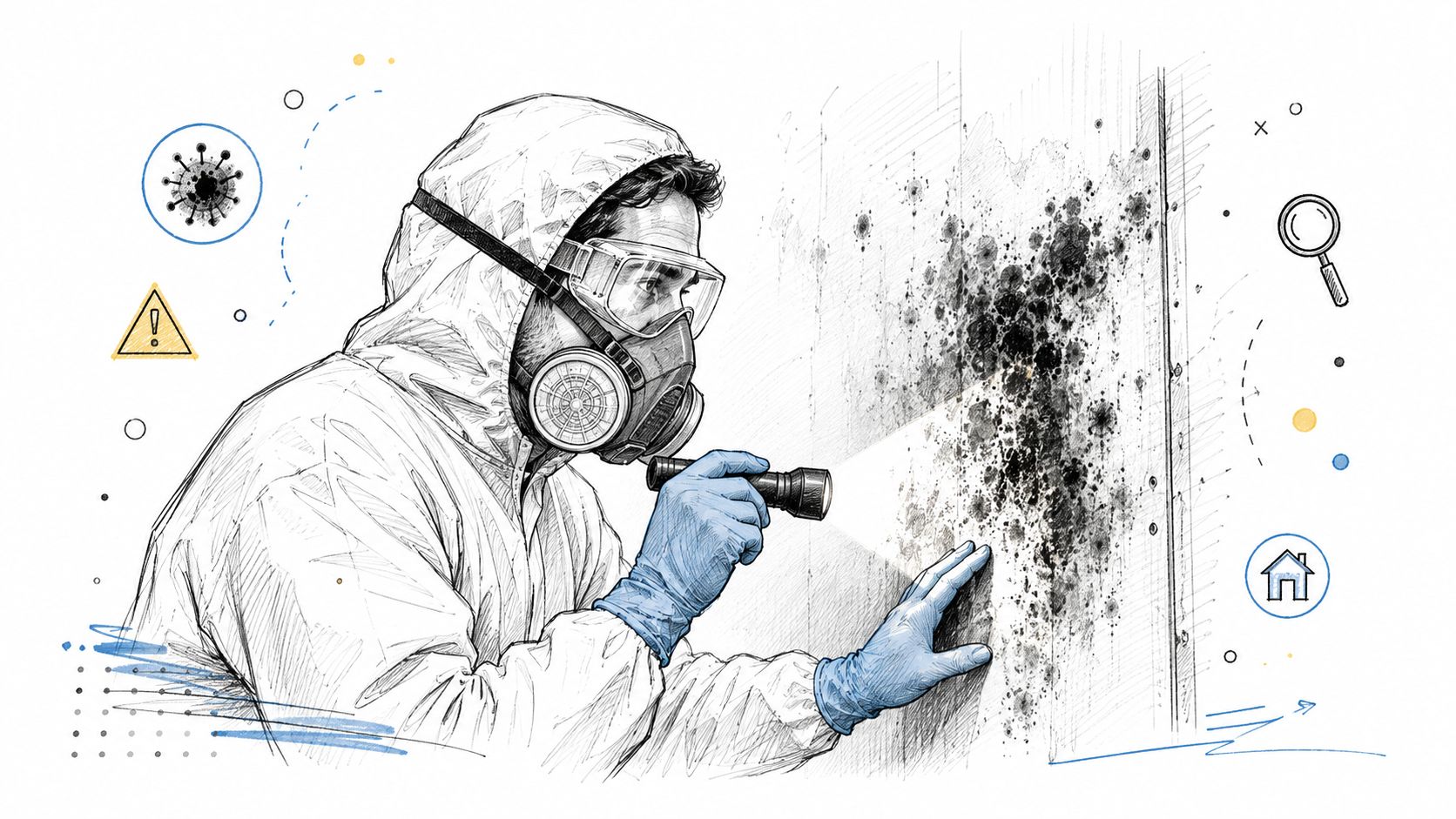 A professional in protective gear inspects black mold growth on a wall using a flashlight.