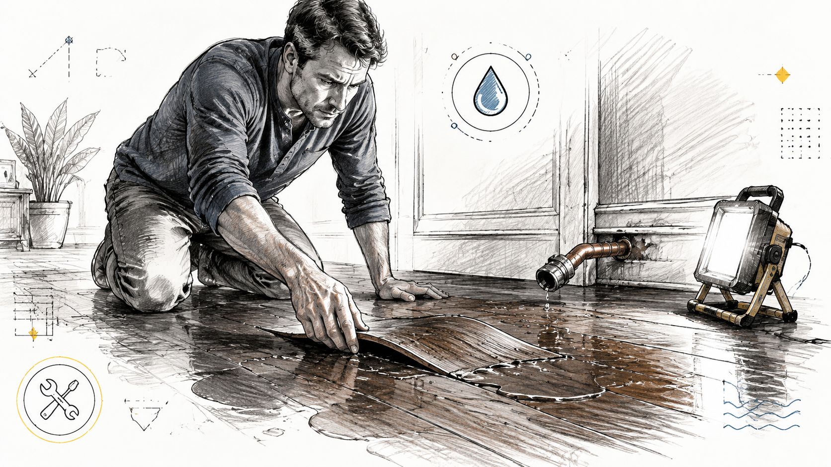 A professional repairman inspecting water damage and warped floorboards in a room with a leaking pipe.