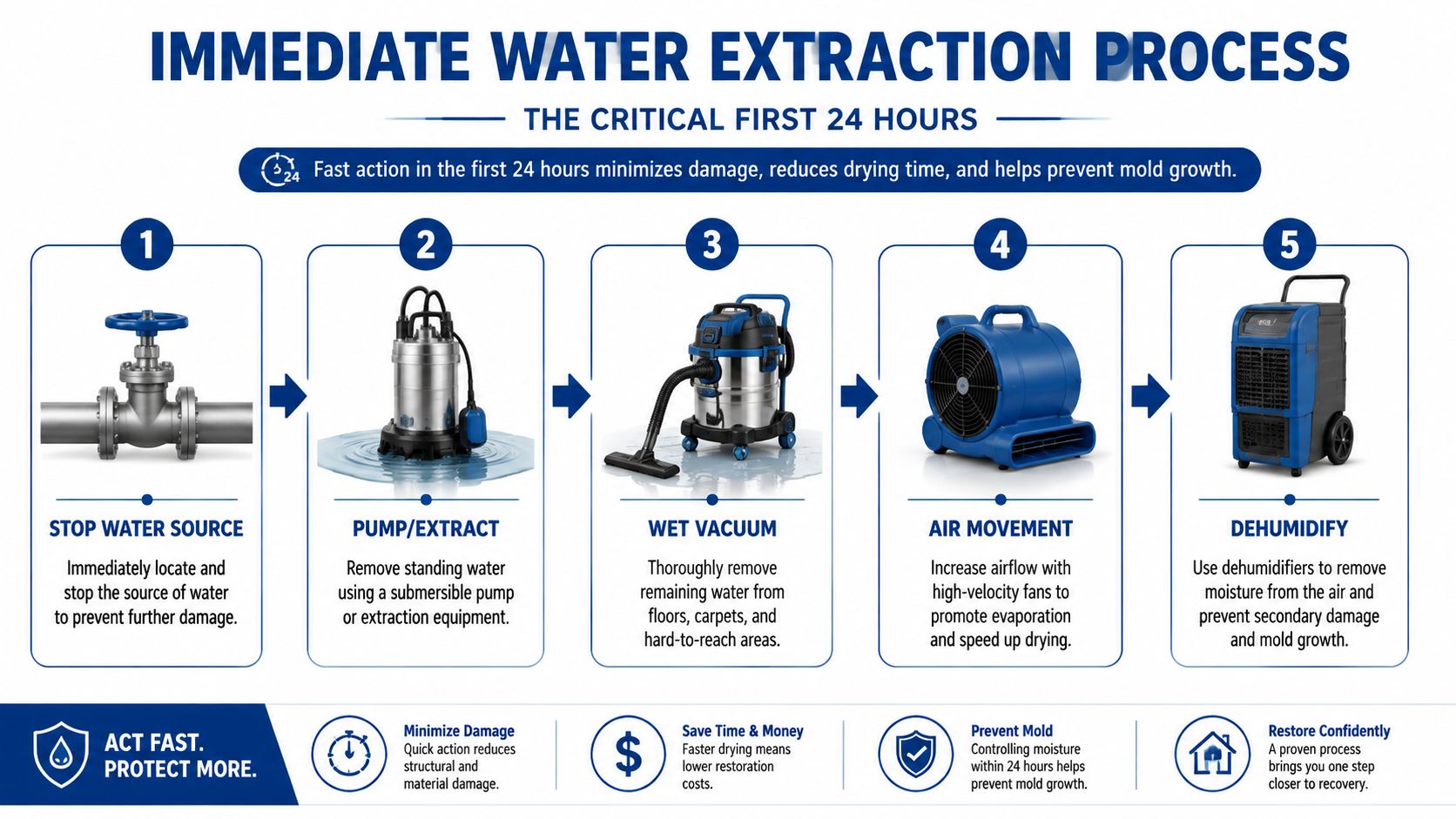 A step-by-step infographic illustrating the professional immediate water extraction process for residential flood damage restoration.