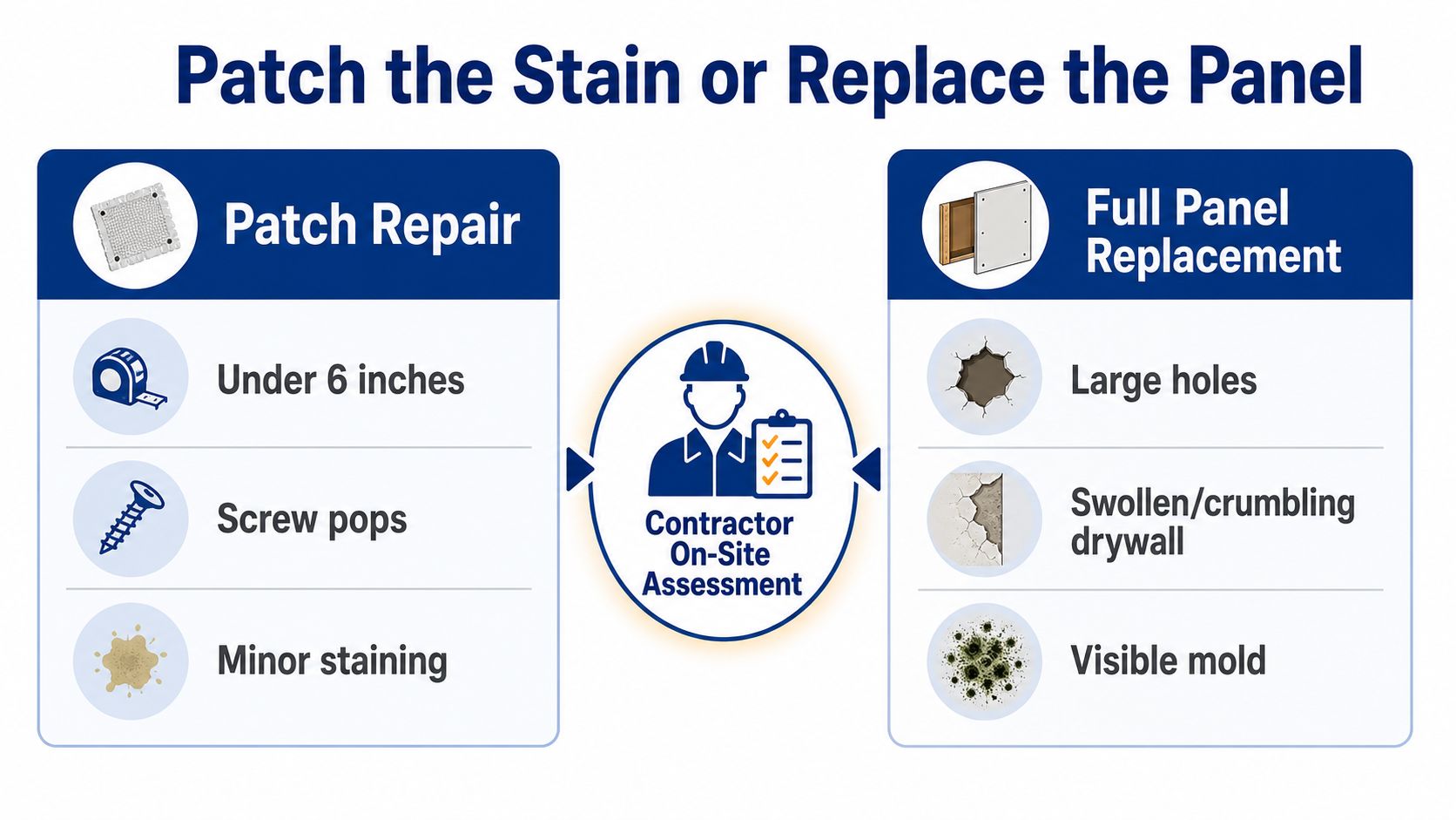 An infographic showing when to patch a drywall stain versus when to perform a full panel replacement.