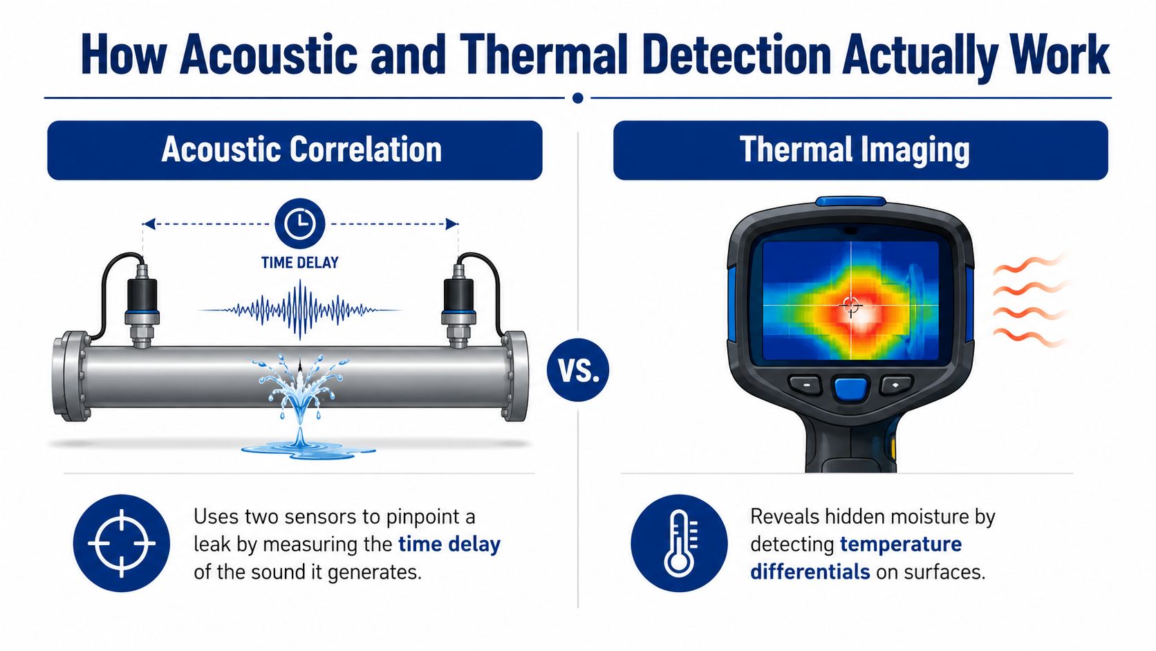 An infographic comparing acoustic correlation and thermal imaging methods for identifying water leaks in pipelines.