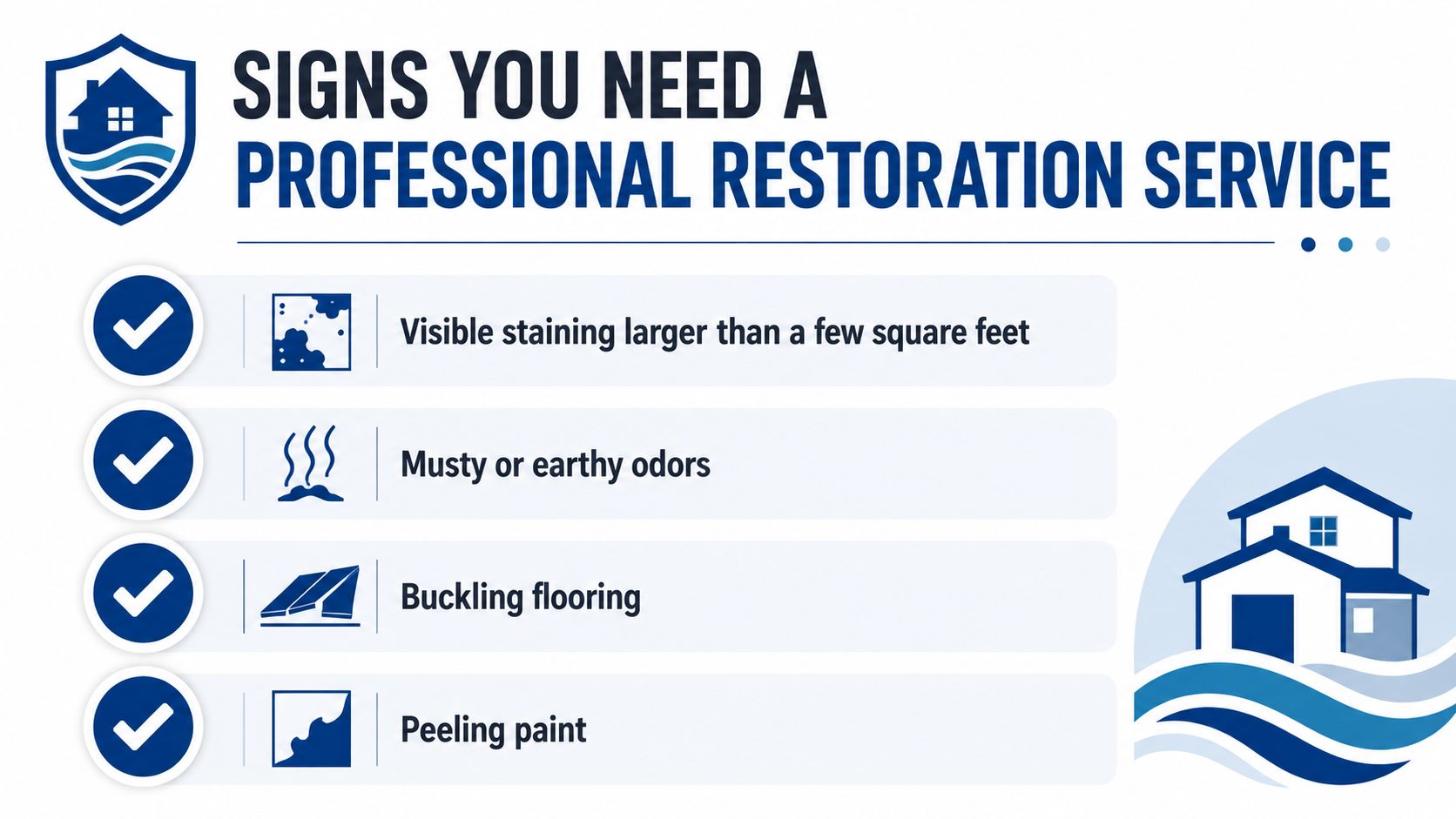An infographic titled Signs You Need A Professional Restoration Service listing mold indicators like stains, odors, and buckling.