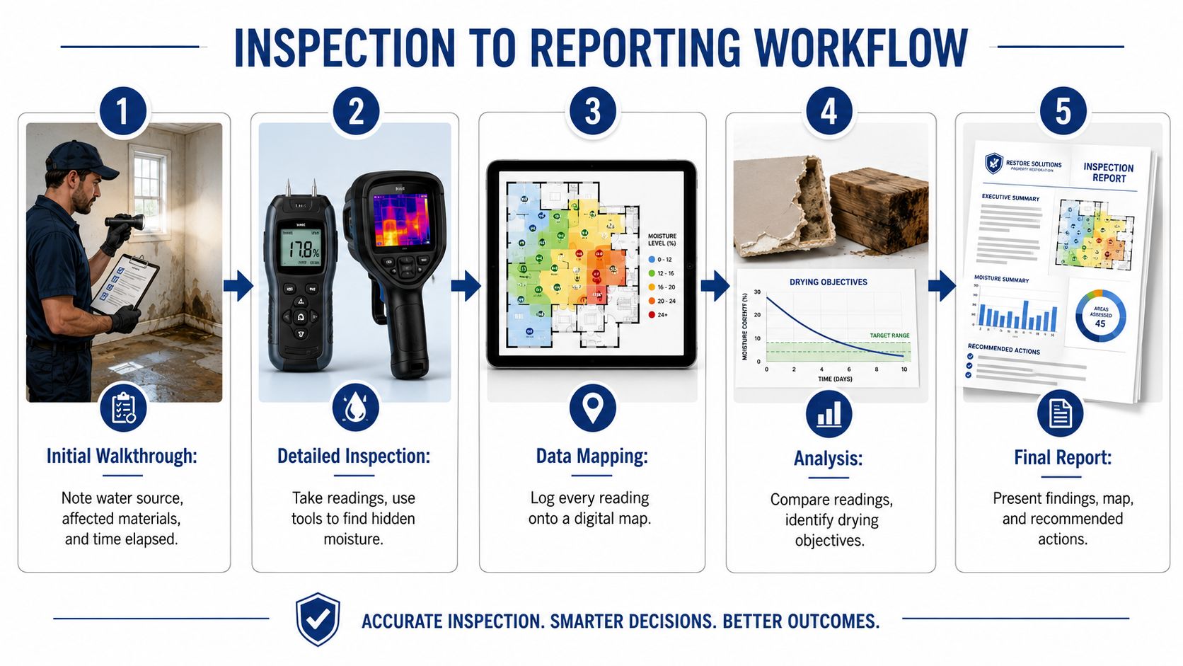 A five-step infographic showing a professional property restoration workflow from initial moisture inspection to the final report.