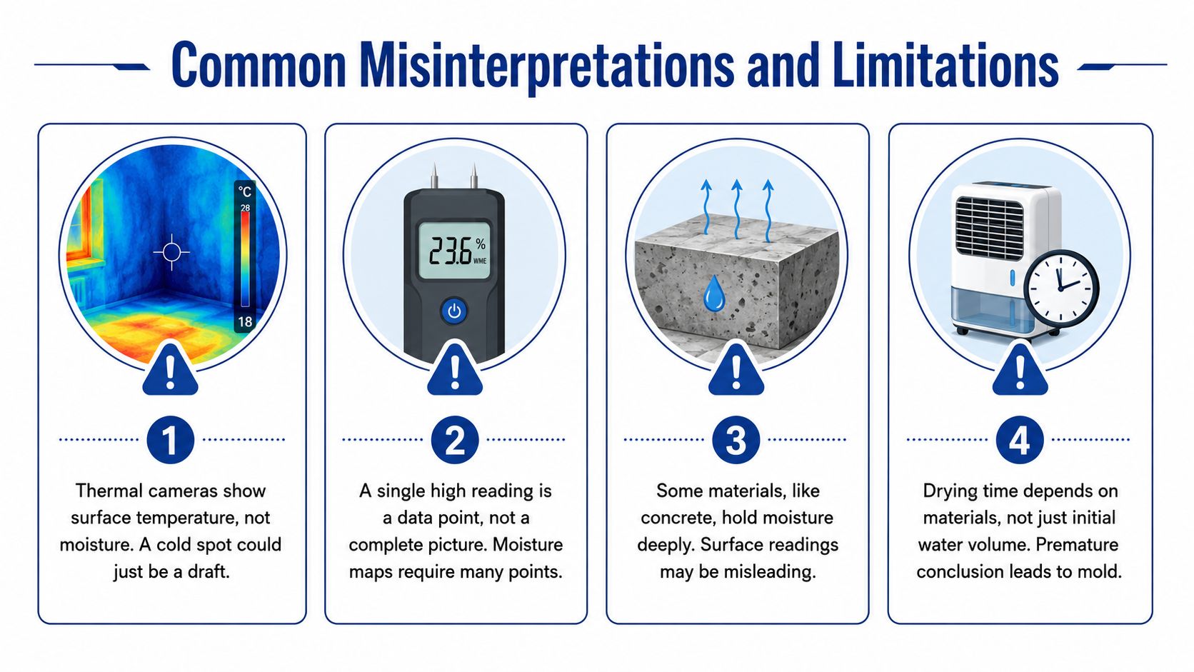 An infographic detailing four common misinterpretations and limitations when measuring moisture levels in residential or commercial buildings.