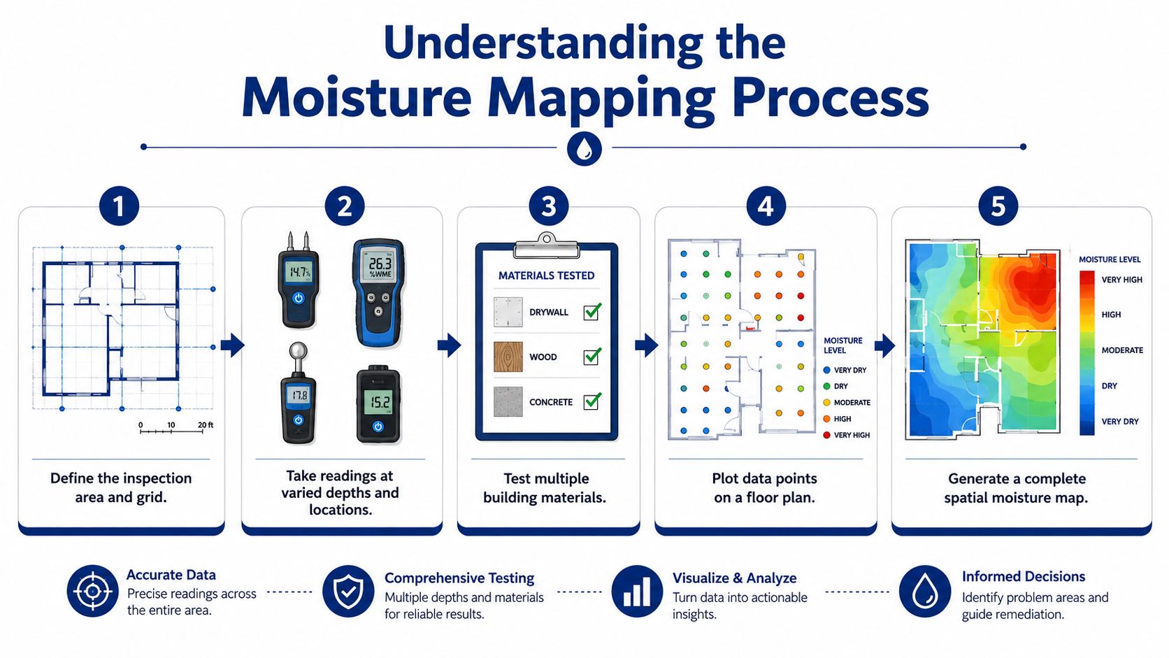 A five-step infographic showing the moisture mapping process from site grid definition to final spatial heat map.