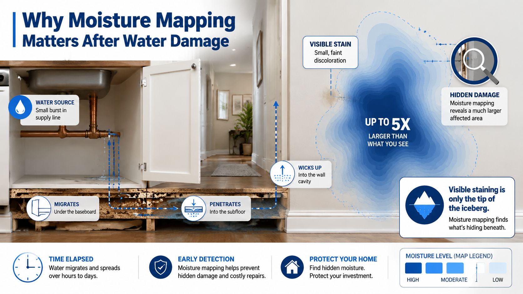 An infographic showing how moisture mapping identifies extensive hidden water damage behind walls and under floors.