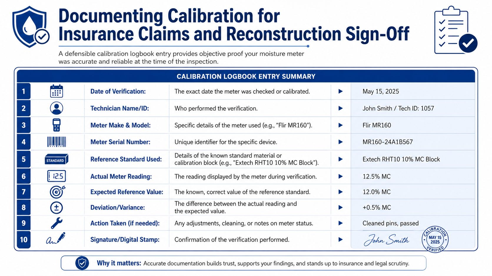A checklist table titled Documenting Calibration for Insurance Claims and Reconstruction Sign-Off showing 10 verification steps.