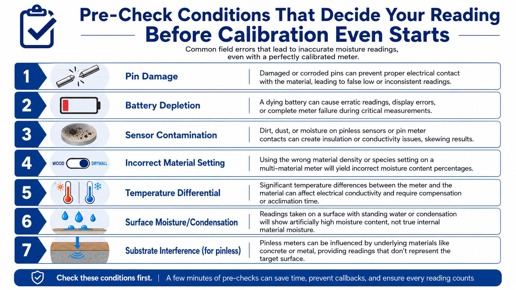 An infographic detailing seven essential pre-check conditions for ensuring accurate moisture meter readings before calibration.