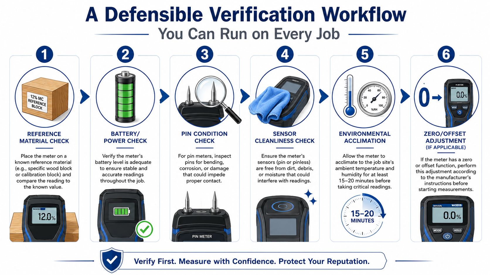 A six-step infographic showing a defensible verification workflow for checking and calibrating moisture meters before use.