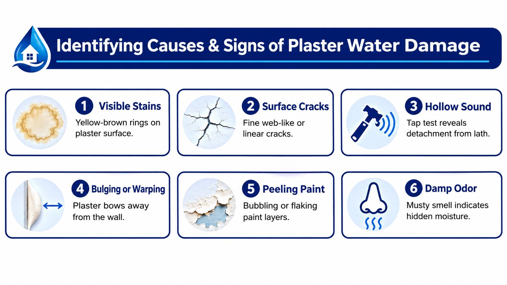 A visual guide identifying six key signs of plaster water damage in walls, including stains, cracks, and odors.