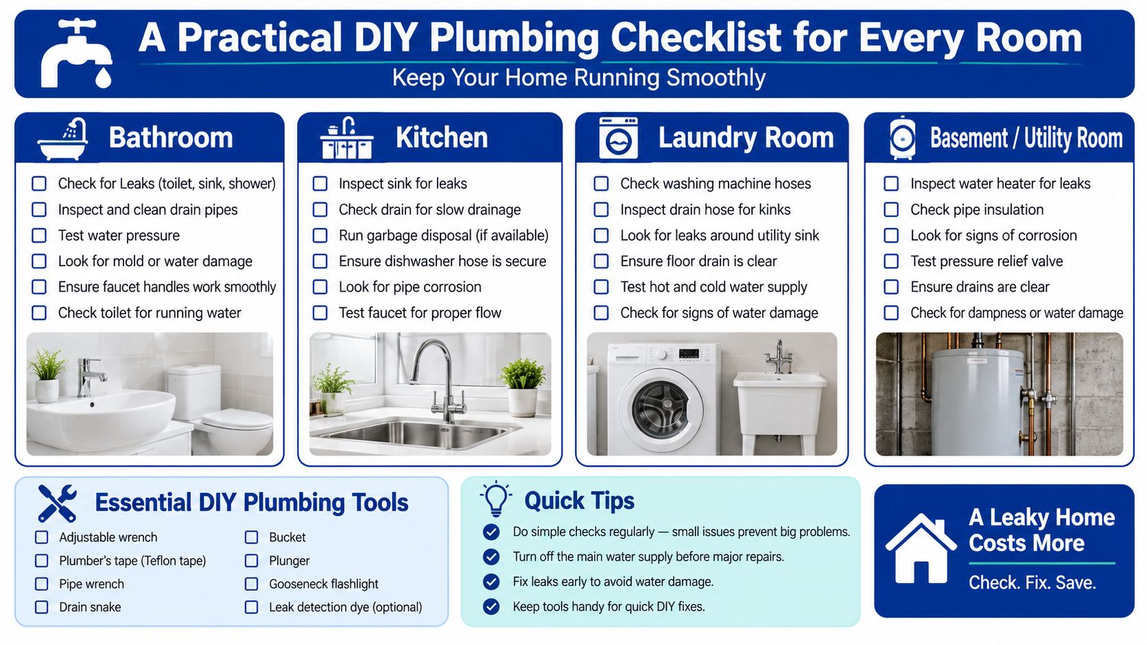 A comprehensive DIY plumbing inspection checklist for bathrooms, kitchens, laundry rooms, and basements with essential tools.