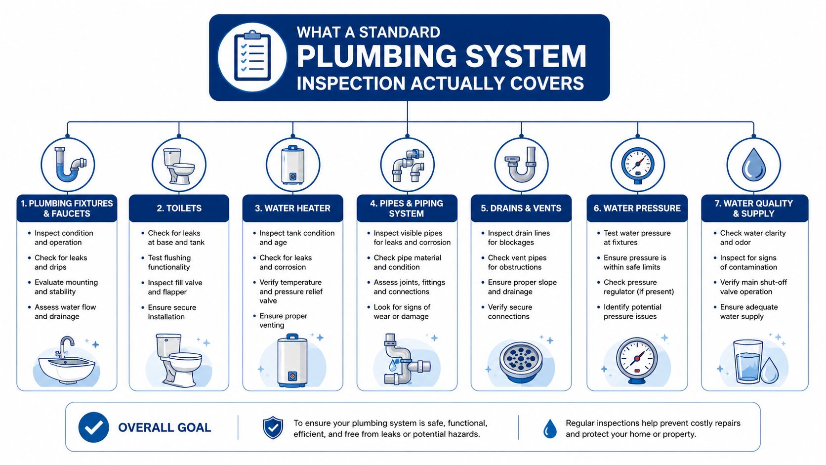 An infographic detailing the seven key areas covered during a standard professional plumbing system inspection.
