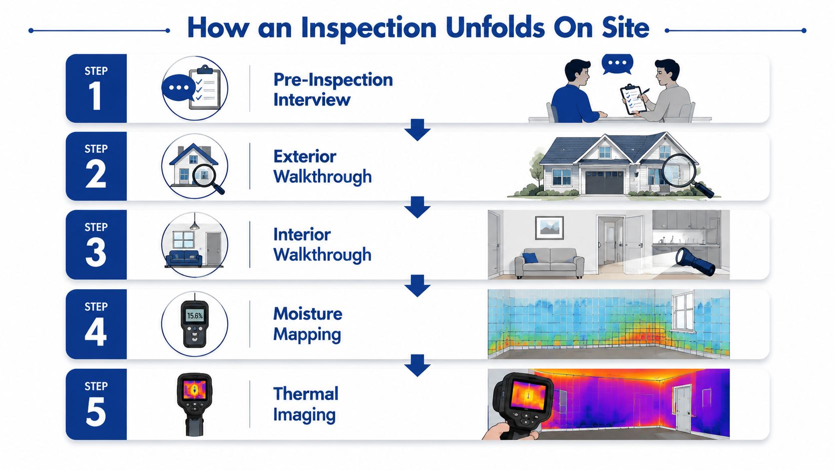 A five-step infographic showing the professional mold inspection process, from initial interview to thermal imaging assessment.