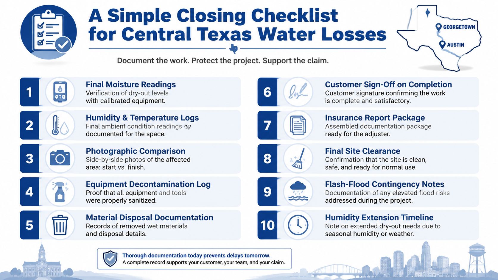 A checklist infographic outlining ten essential steps for documenting water loss projects in Central Texas.