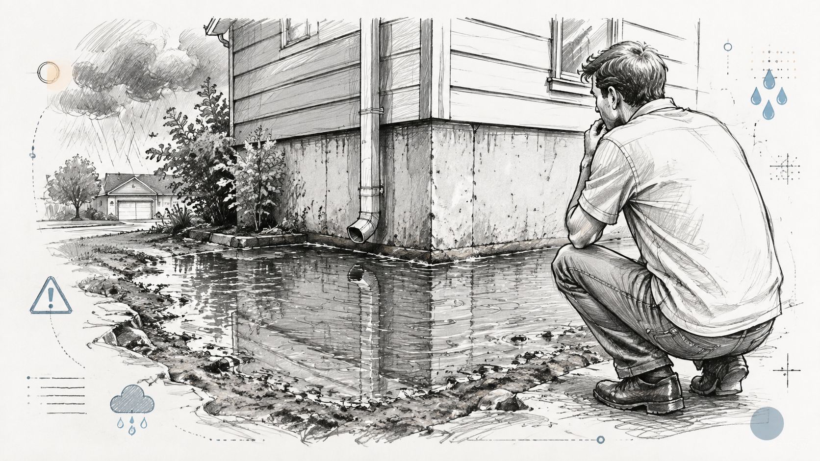 A concerned homeowner crouching in the rain while examining a large puddle of water flooding his yard.
