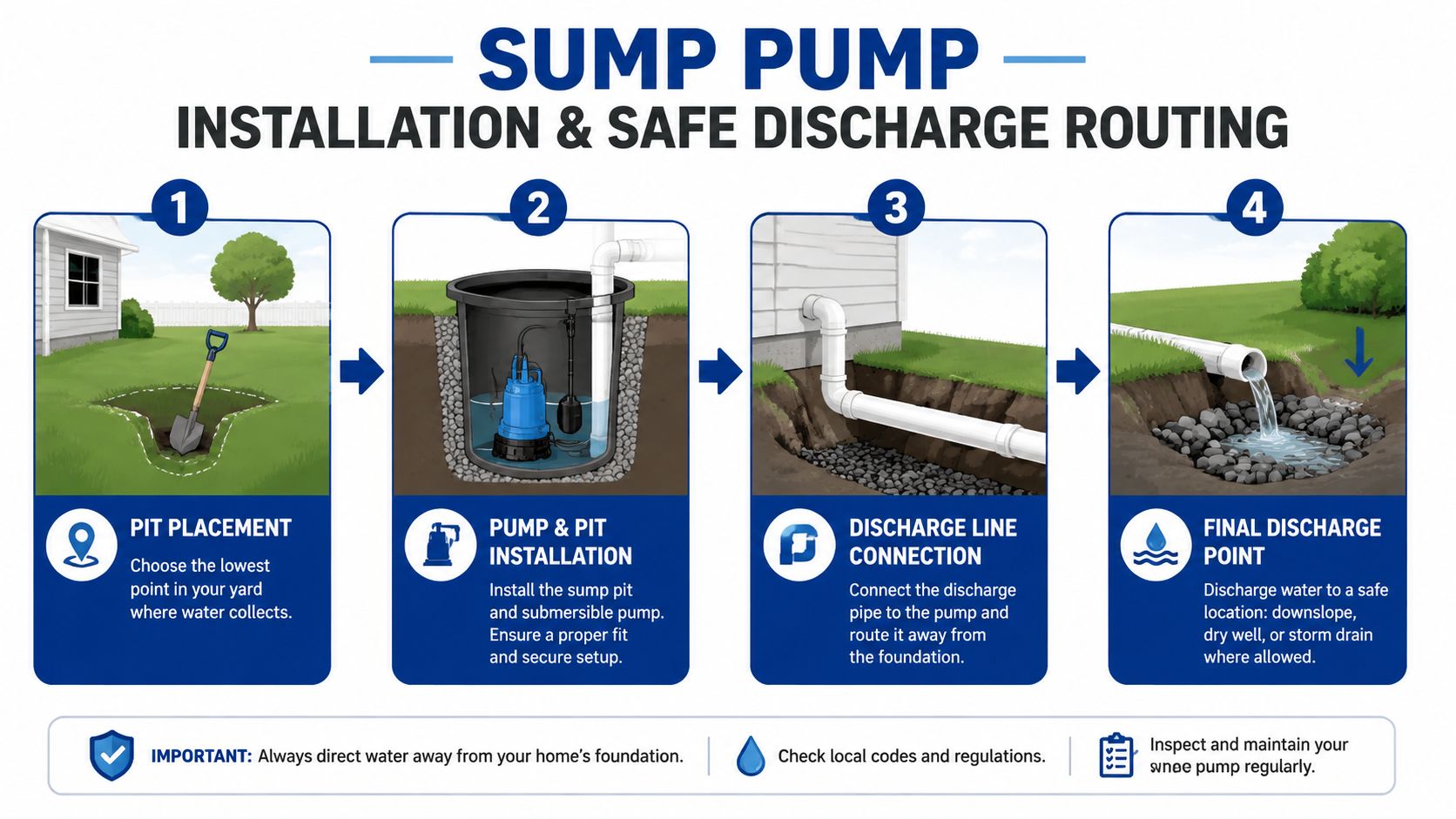 An infographic showing the four-step installation process for a residential yard sump pump and drainage system.