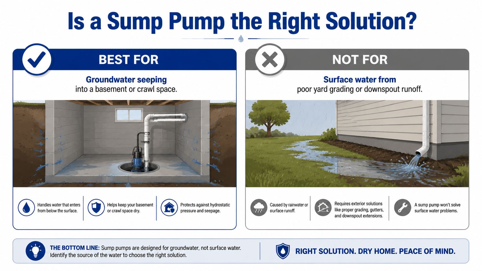An infographic showing that sump pumps effectively manage groundwater but are not for surface water drainage issues.