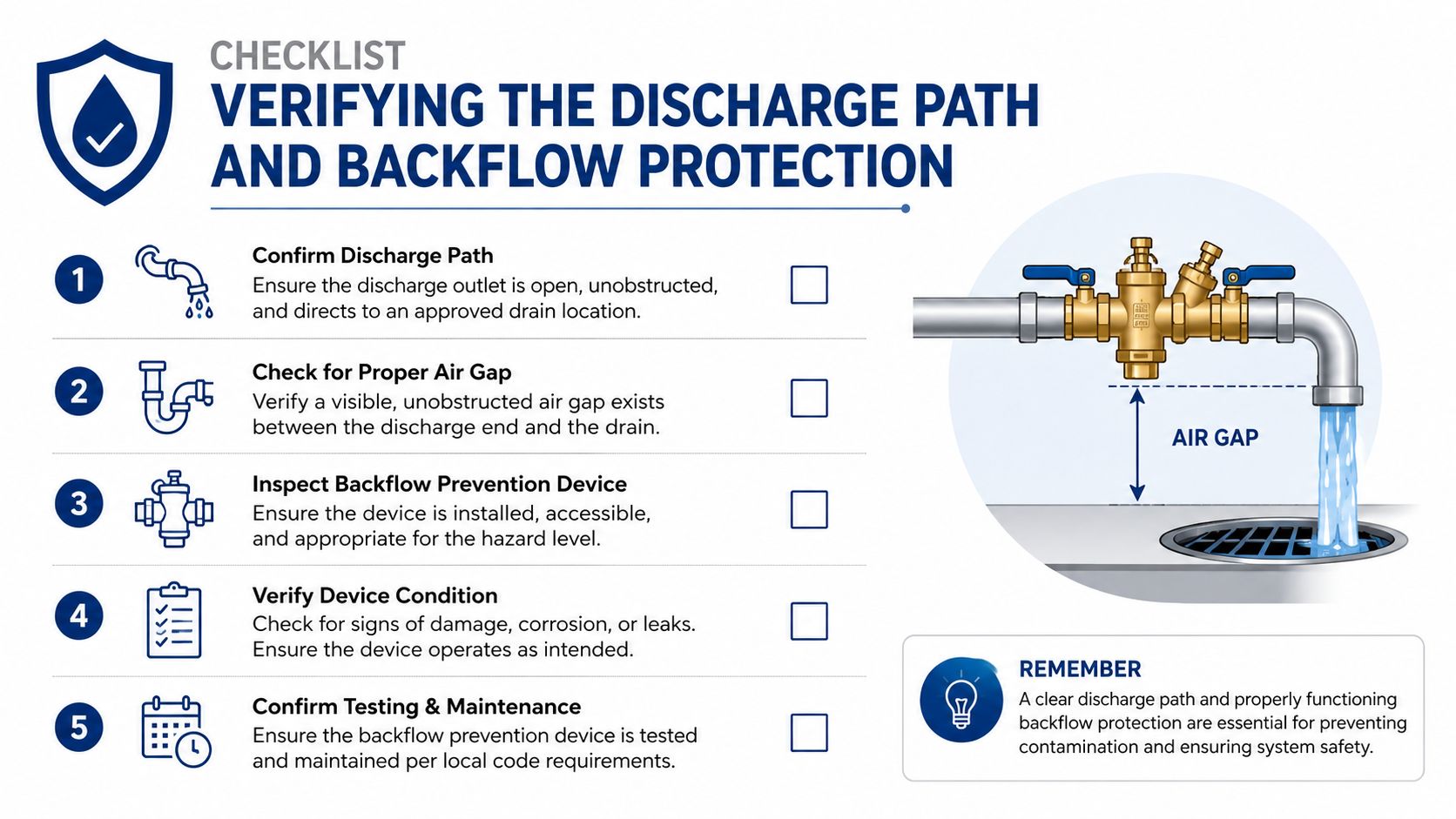 A checklist for verifying backflow protection systems, showing five steps to ensure safe water discharge and drainage.