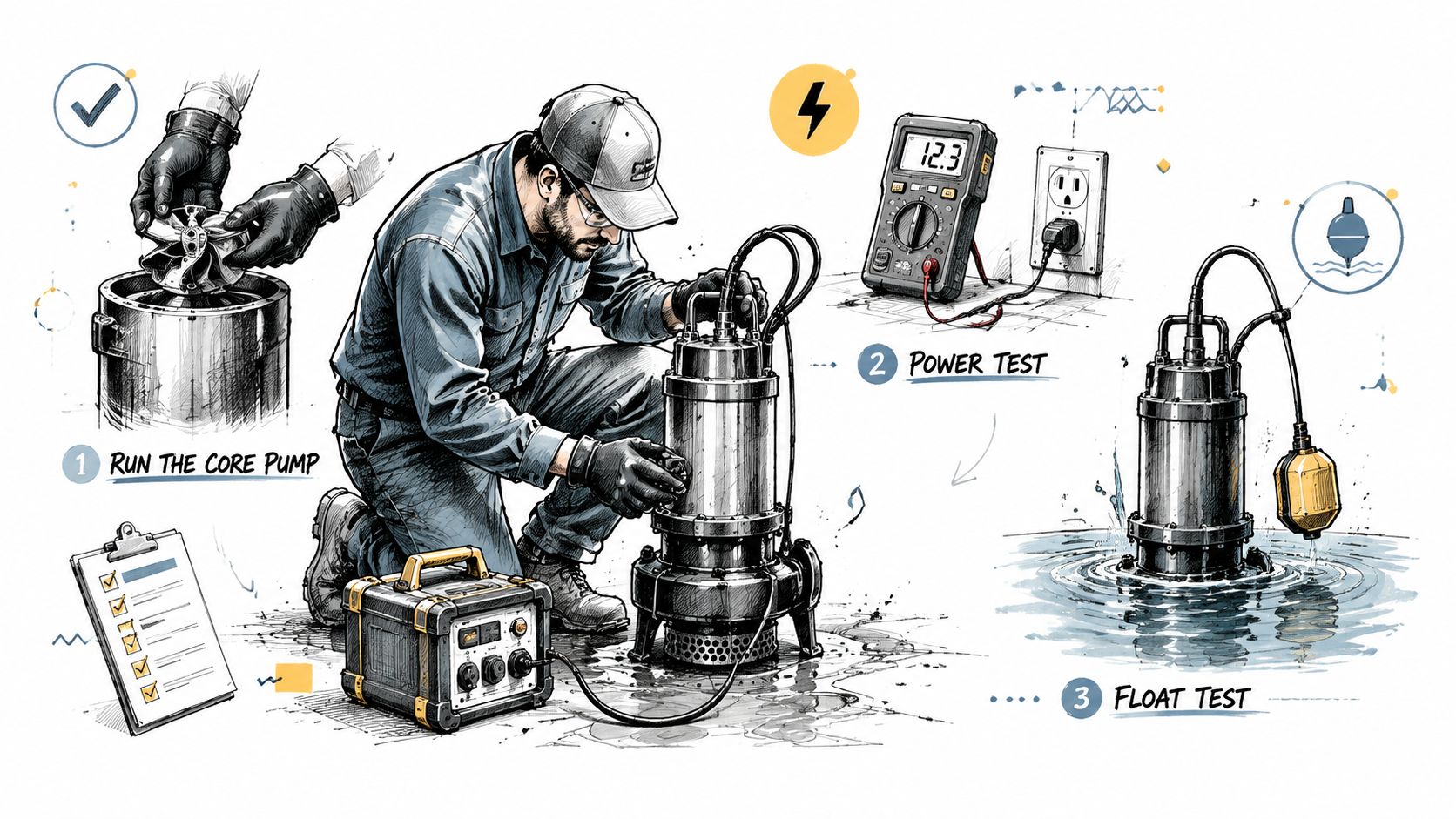 A technician performing maintenance and testing on a submersible sump pump in an industrial setting.