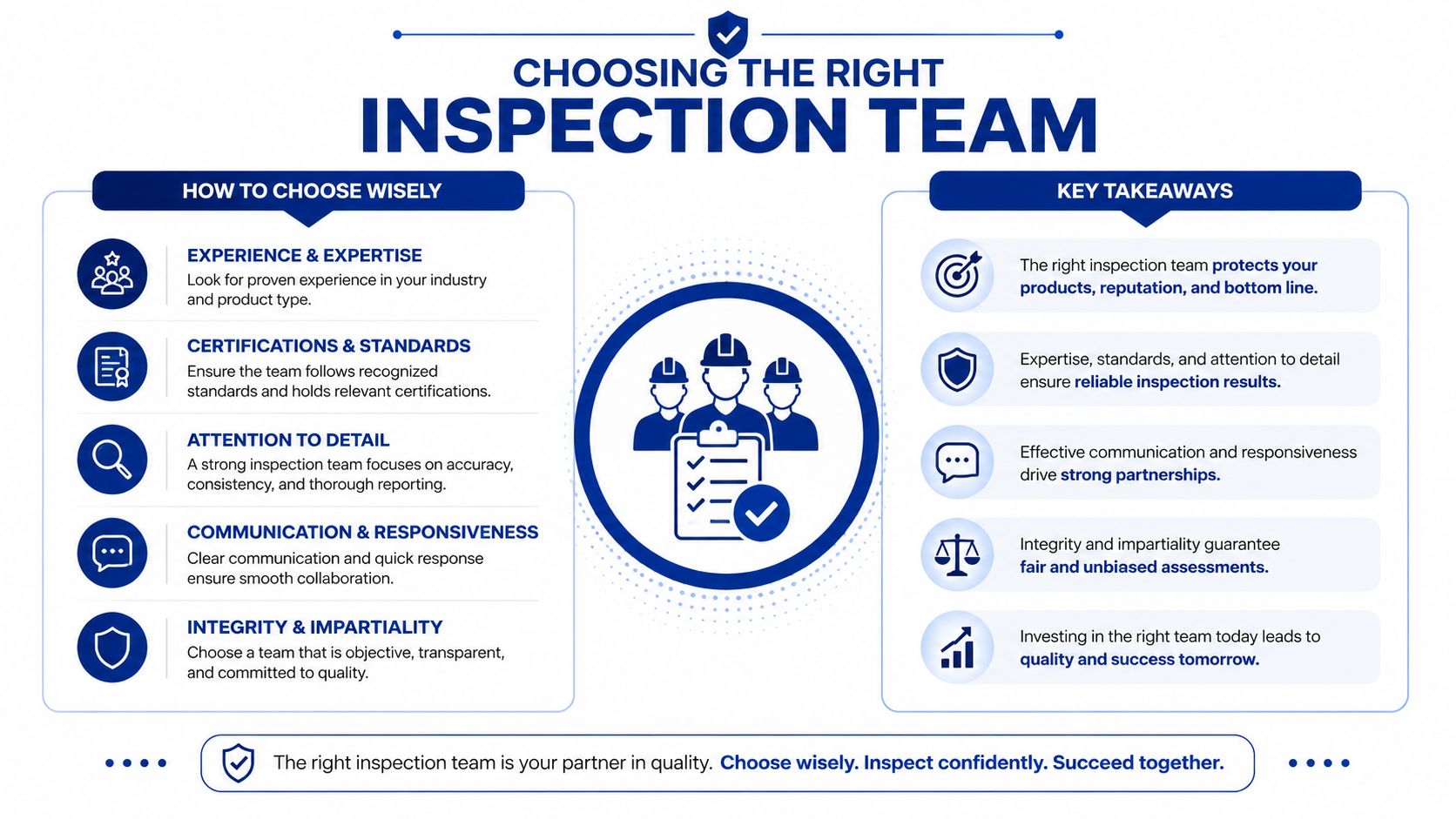 An infographic illustrating key factors for choosing a reliable professional product inspection team for business quality assurance.